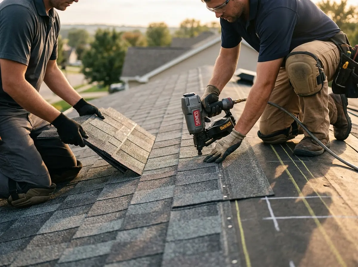 Professional roofer working on a residential roof in Forrest City